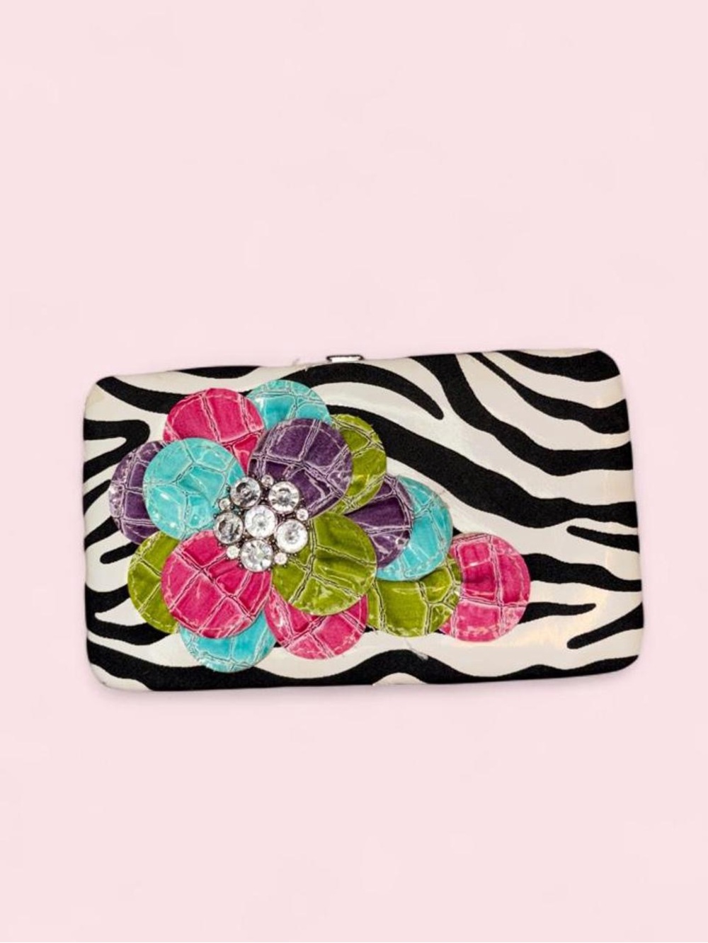 Zebra Print Floral Applique Clutch - Black & Multicolor